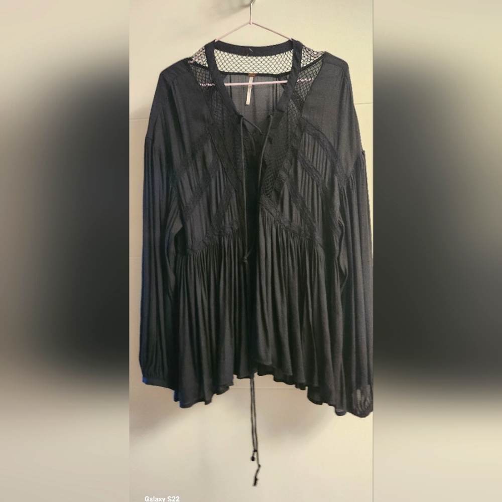 Free People Black Pleated Tie Front Blouse
